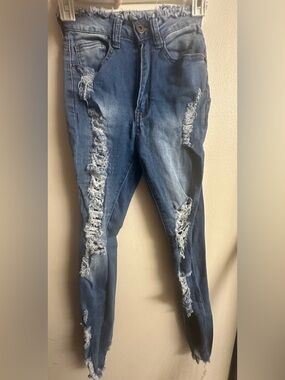 High-Rise Distressed Skinny Jeans - Medium Blue